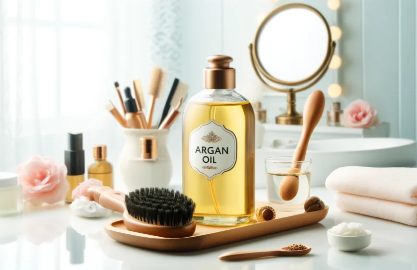 DALL·E 2024-06-04 11.19.47 – A visually appealing feature image for an article about the advantages of argan oil for cosmetics. The image should include a bottle of argan oil, ski